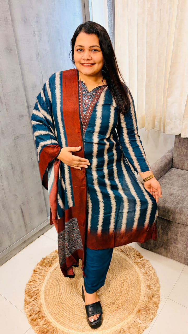 Teal Shibori Stripe Kurta with Dupatta