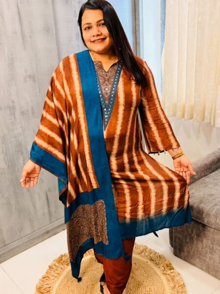 Rust Shibori Stripe Kurta with Dupatta