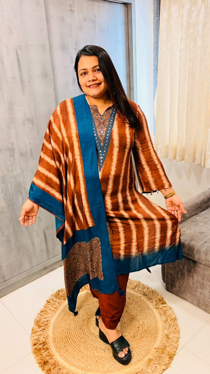 Rust Shibori Stripe Kurta with Dupatta