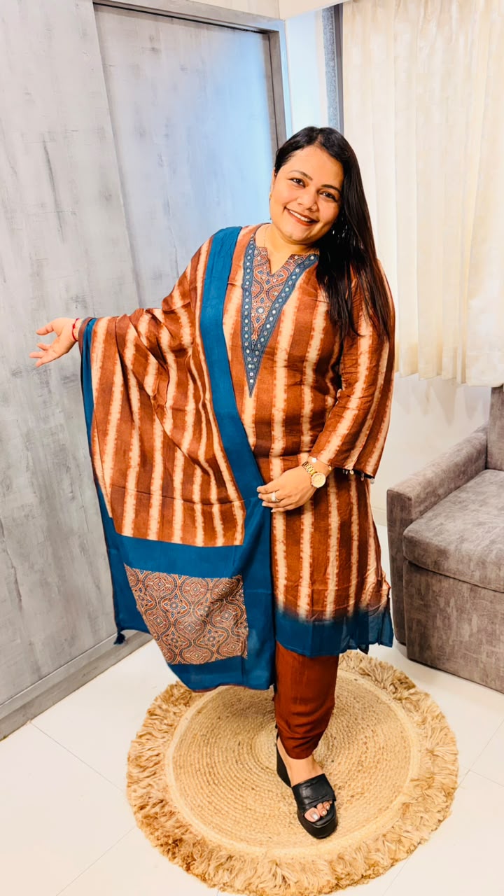 Rust Shibori Stripe Kurta with Dupatta - Image 2