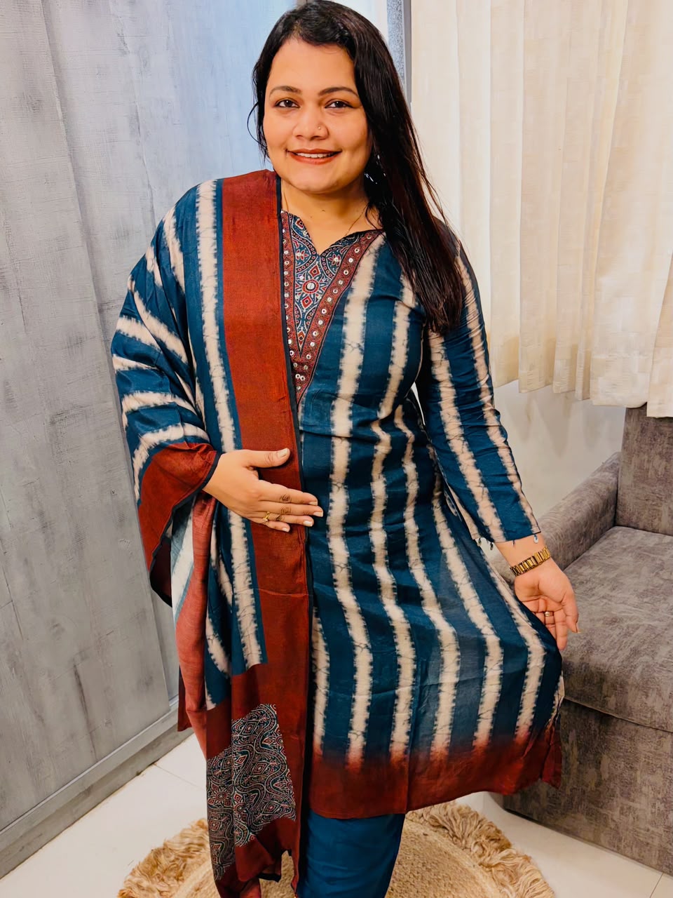 Teal Shibori Stripe Kurta with Dupatta - Image 2