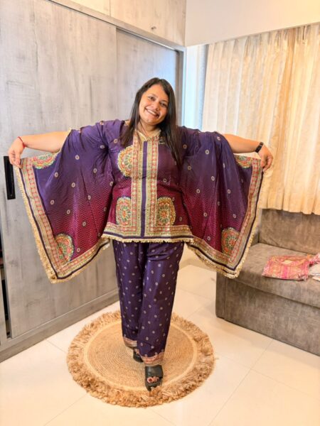 Purple Crepe Kaftan With Pant stype Bottom