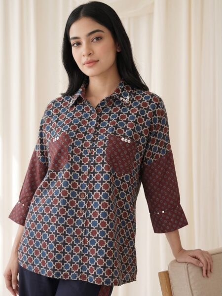 Olive Ajarakh Floral Patchwork Kurta Set