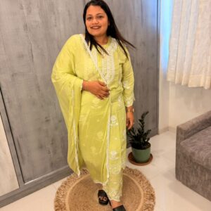 Lime Green Floral Kurta Set with Dupatta
