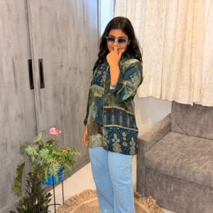 Teal Olive Patterned Kurta with Jeans