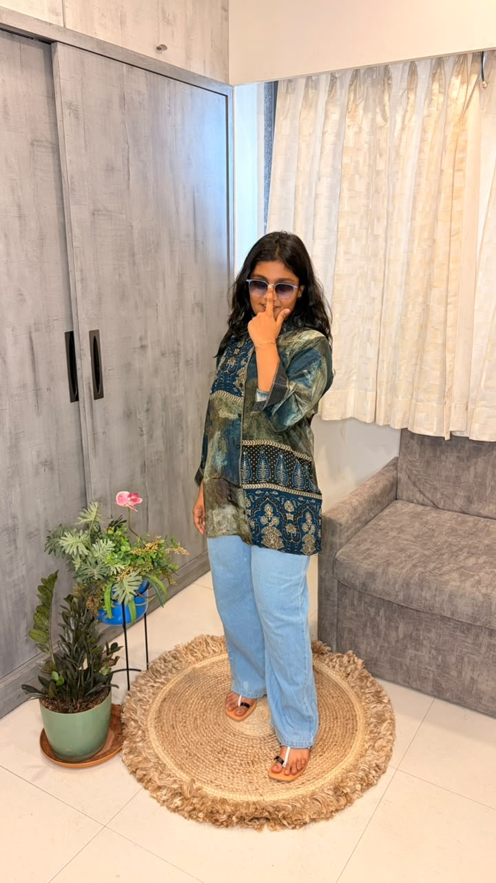 Teal Olive Patterned Kurta with Jeans