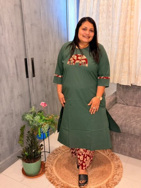 Green Kurta with Elephant Applique & Kalamkari Palazzo