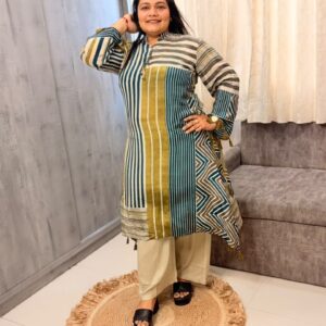 Olive Chevron Stripe Kurta Set