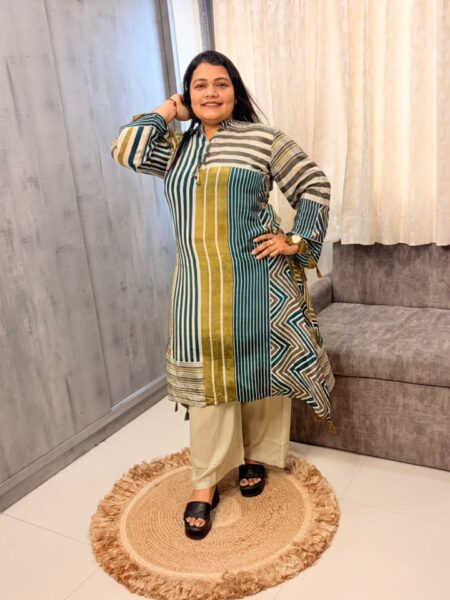 Olive Chevron Stripe Crepe Kurta Set