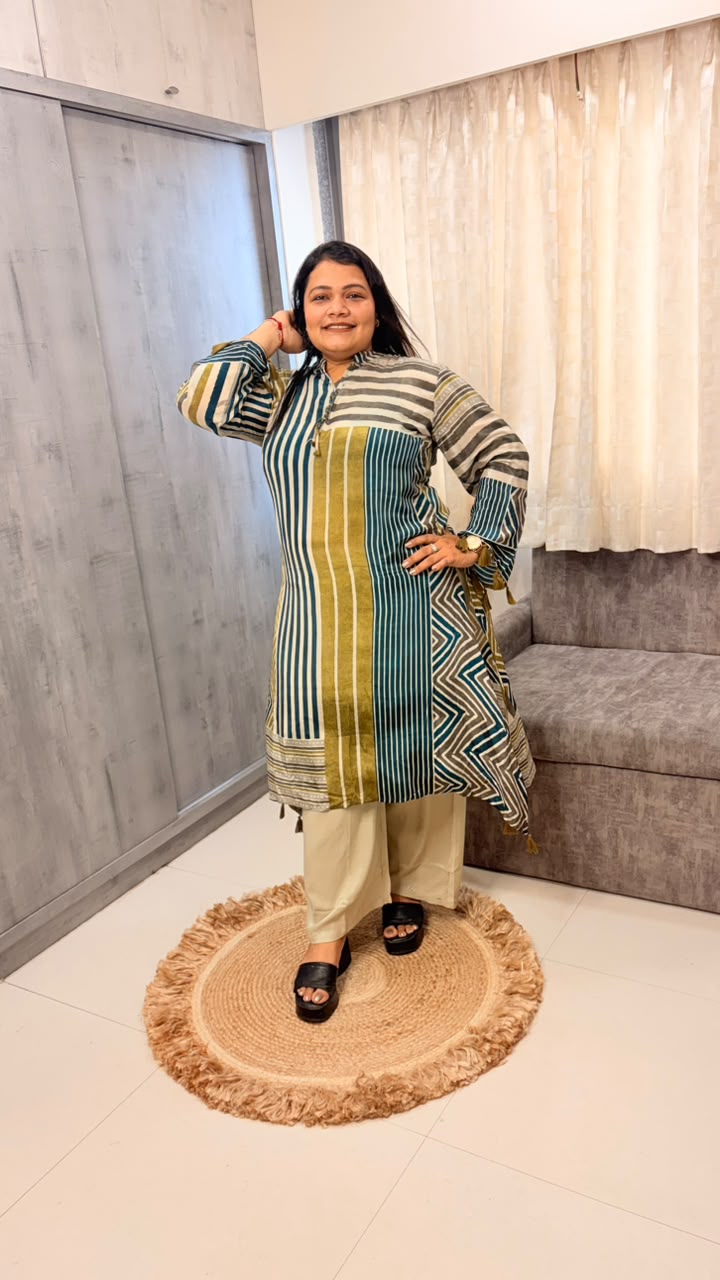 Olive Chevron Stripe Kurta Set