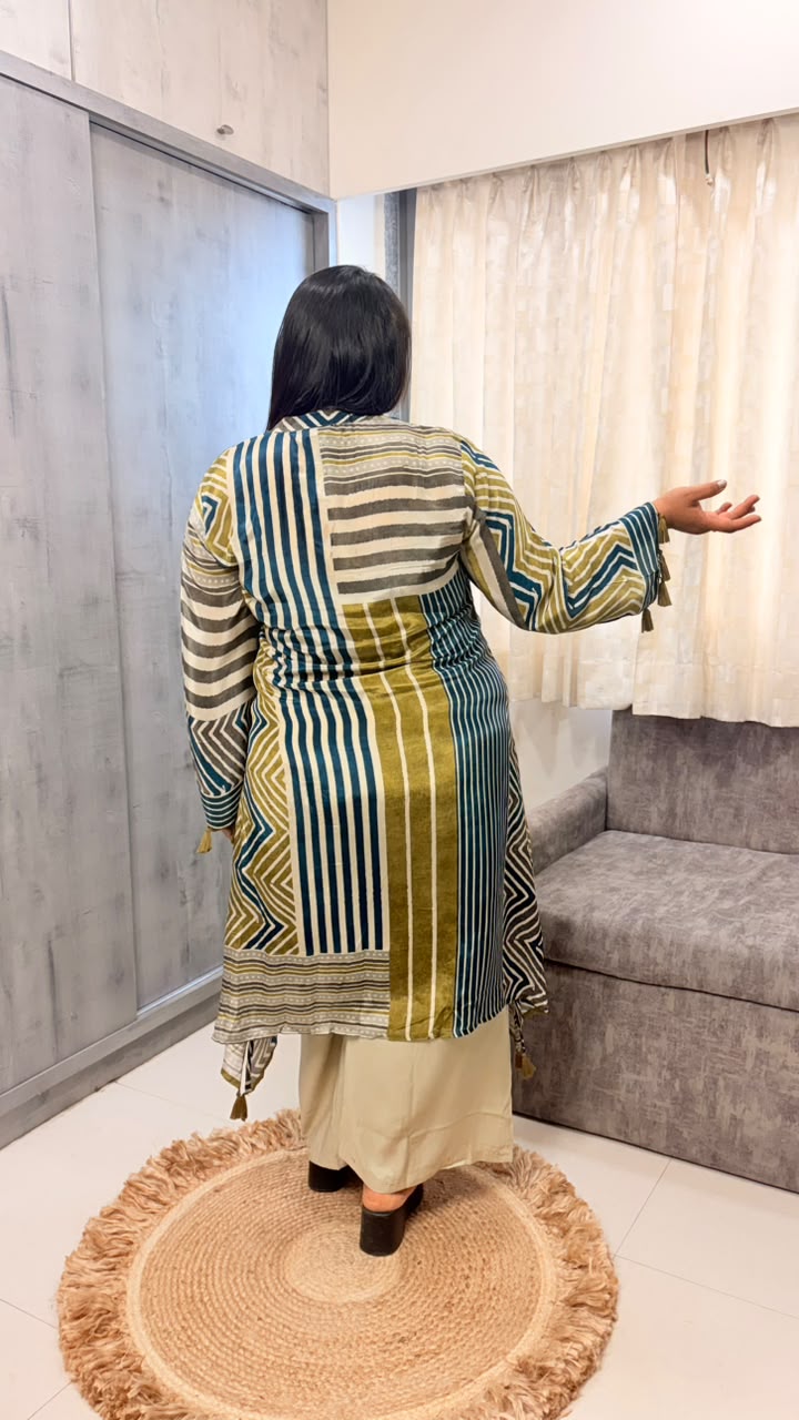 Olive Chevron Stripe Kurta Set - Image 2