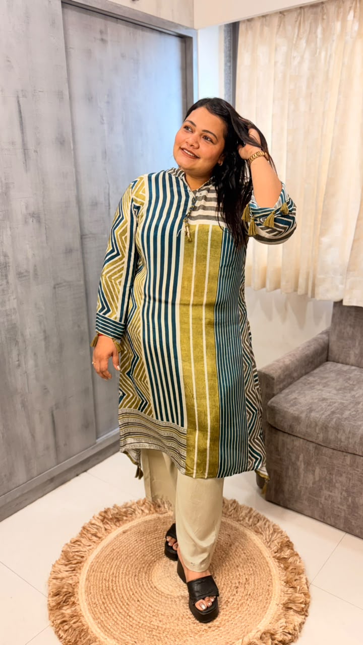 Olive Chevron Stripe Kurta Set - Image 3