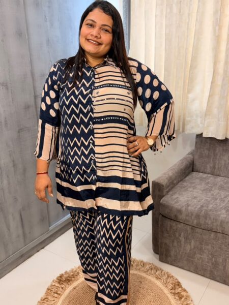 Navy Abstract Print Crepe Co-ord Set