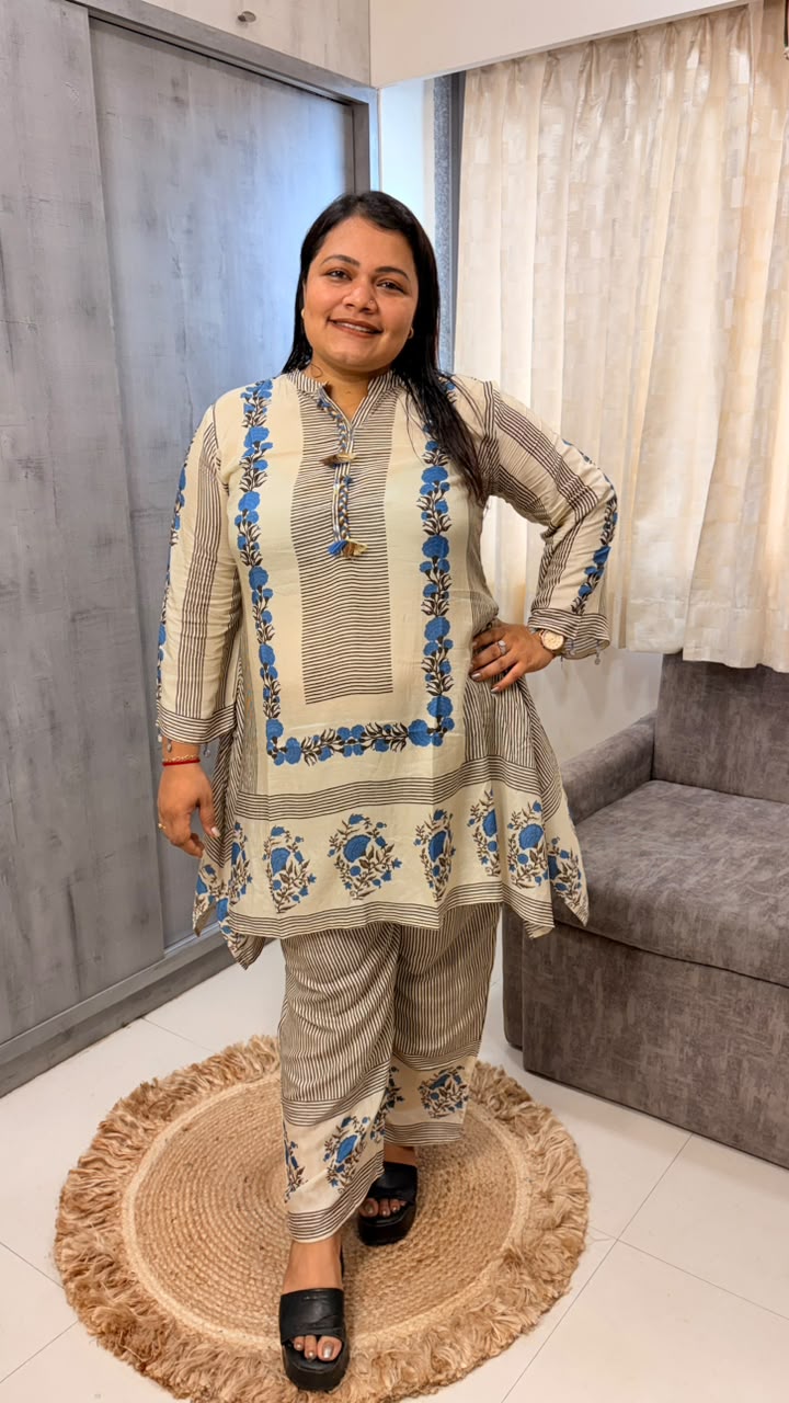 Ivory Floral Block Print Kurta Set