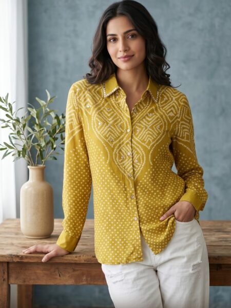 Mustard Yellow Bandhani Crepe Shirt