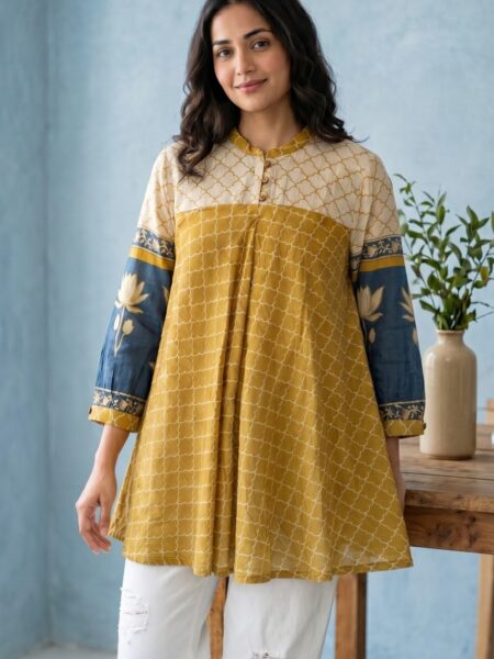 Mustard Cream and Blue Colourblock Crepe Shirt