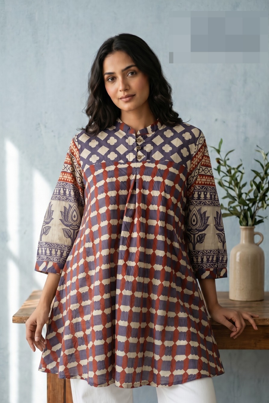 Brown Ajrakh Check Crepe Shirt - Image 2