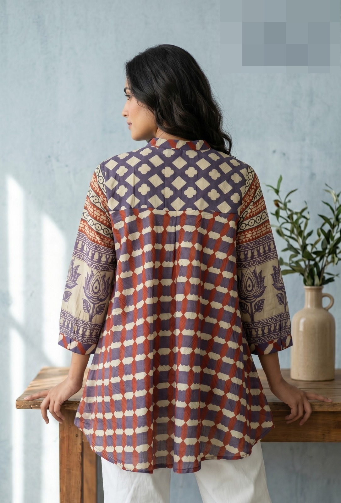Brown Ajrakh Check Crepe Shirt - Image 3