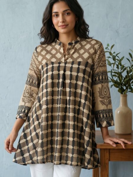 Brown Ajrakh Check Crepe Shirt