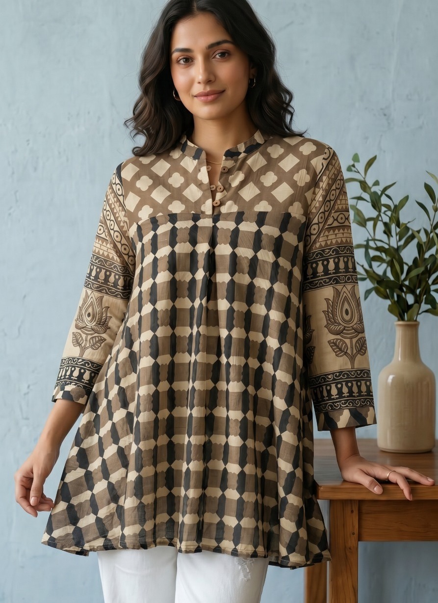 Brown Ajrakh Check Crepe Shirt