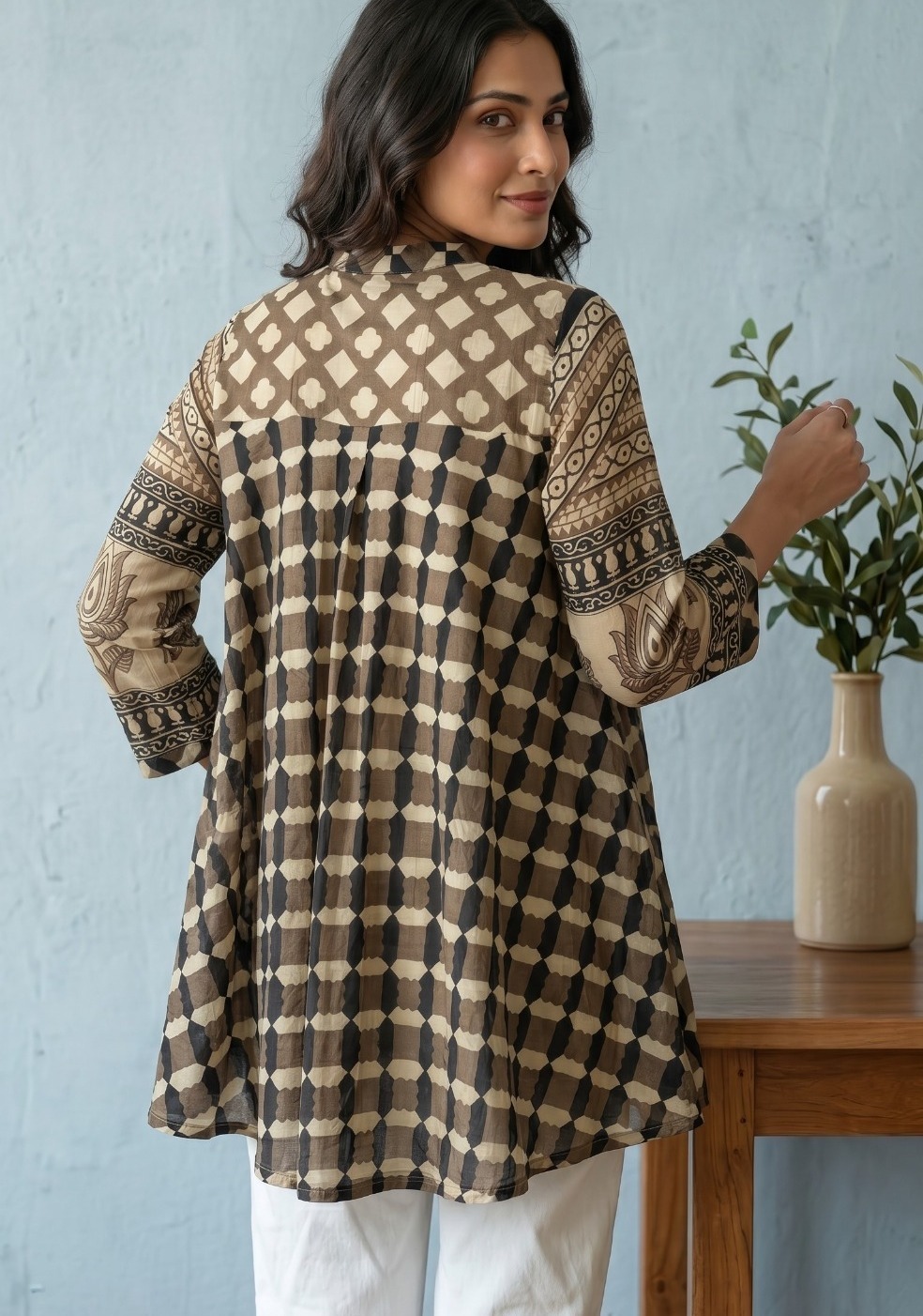 Brown Ajrakh Check Crepe Shirt - Image 4