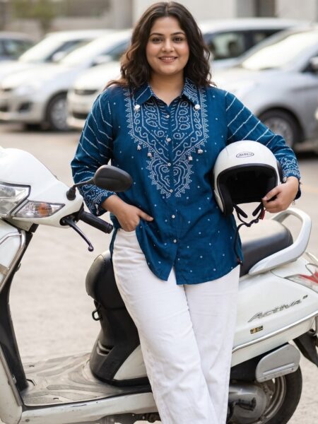 Indigo Blue Ajrakh Embroidered Crepe Shirt