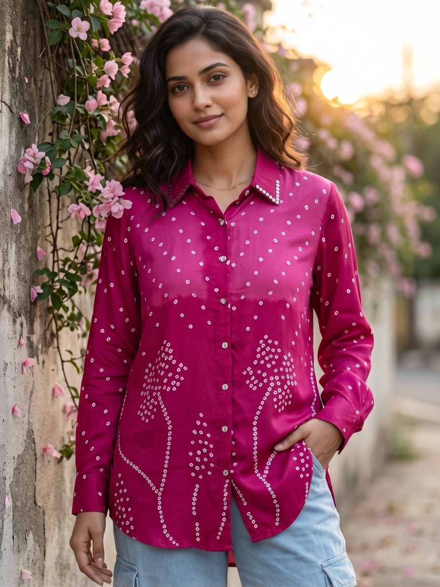 Magenta Bandhani Crepe Shirt