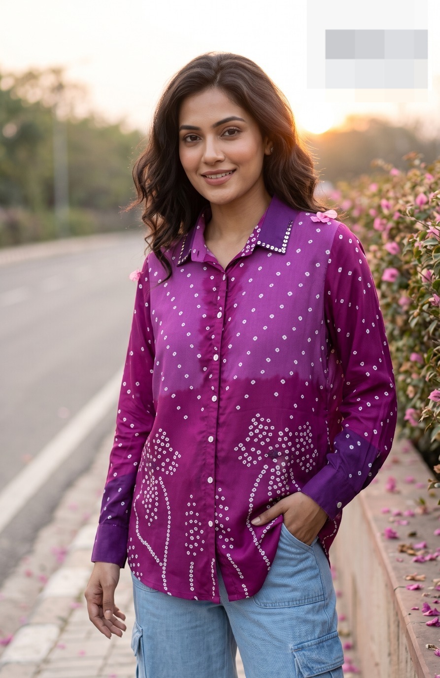 Magenta Bandhani Crepe Shirt - Image 2