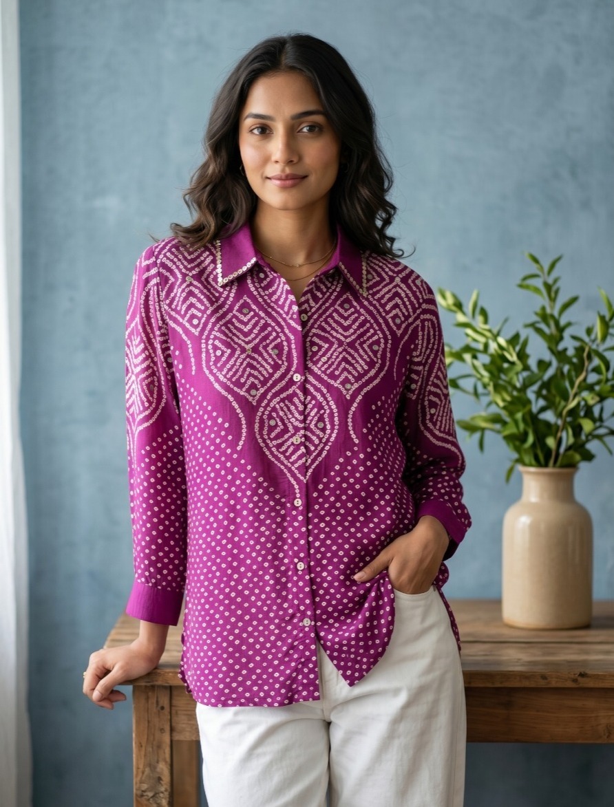 Magenta Bandhani Crepe Shirt - Image 5