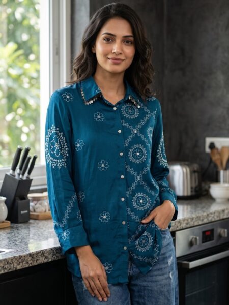 Teal Bandhani Crepe Shirt