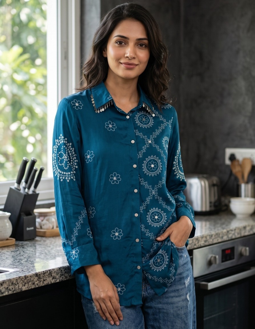 Teal Bandhani Crepe Shirt