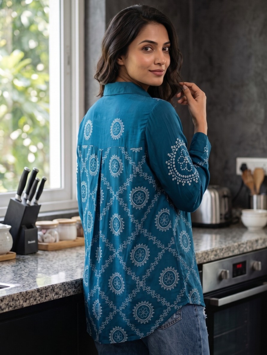 Teal Bandhani Crepe Shirt - Image 4