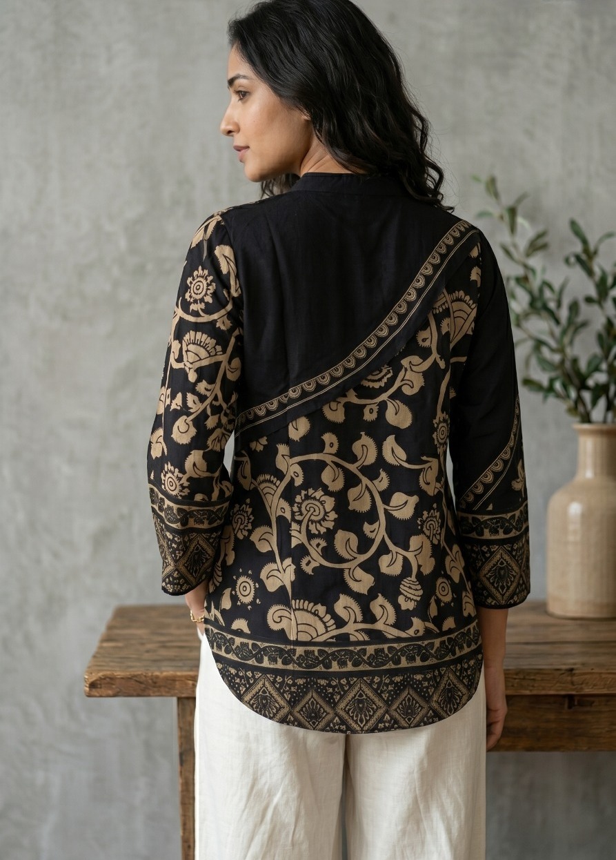 Black and Gold Ajrakh Crepe Shirt - Image 2