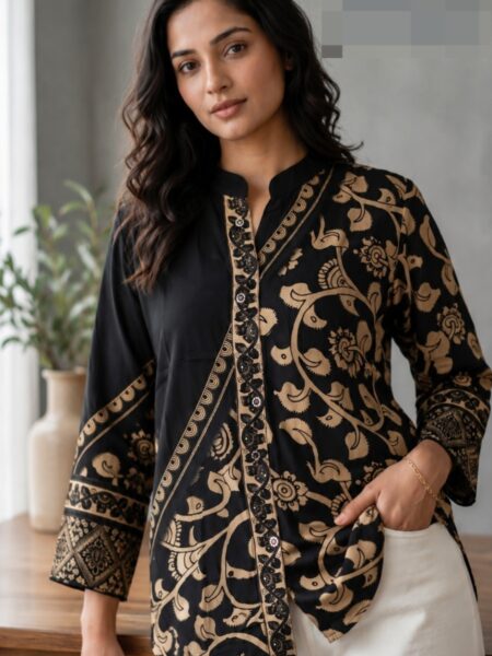 Black and Gold Ajrakh Crepe Shirt