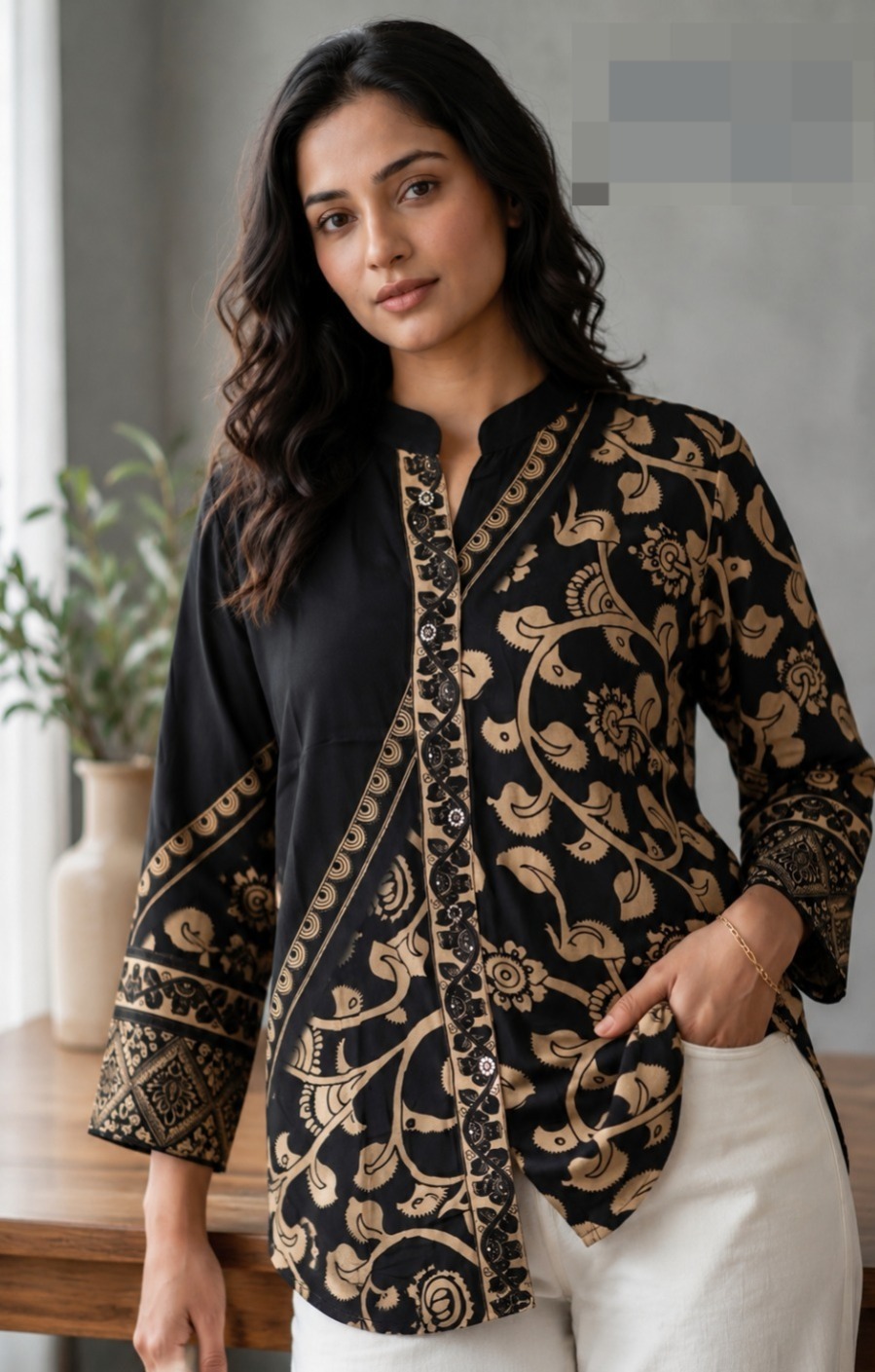 Black and Gold Ajrakh Crepe Shirt