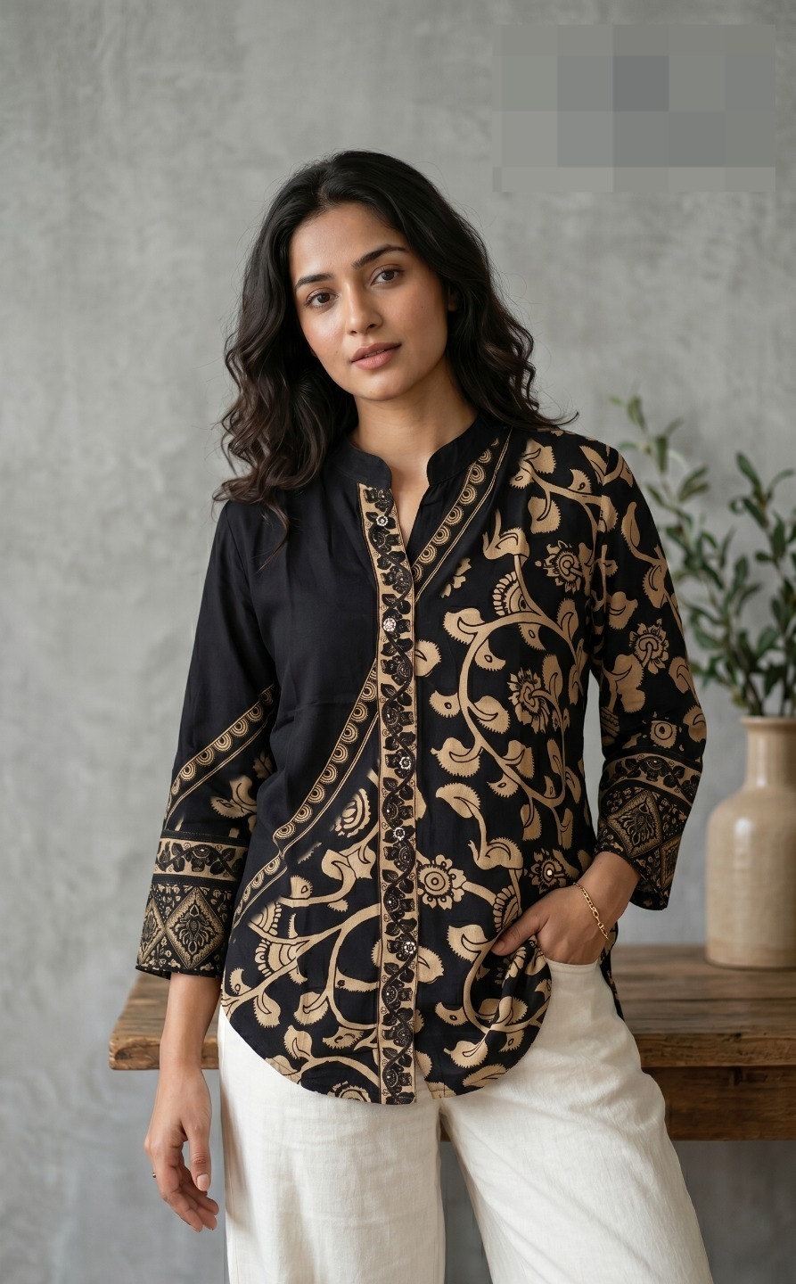 Black and Gold Ajrakh Crepe Shirt - Image 3