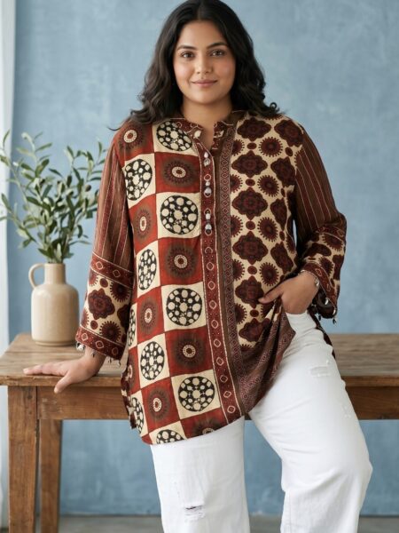 Brown and Ivory Medallion Crepe Shirt