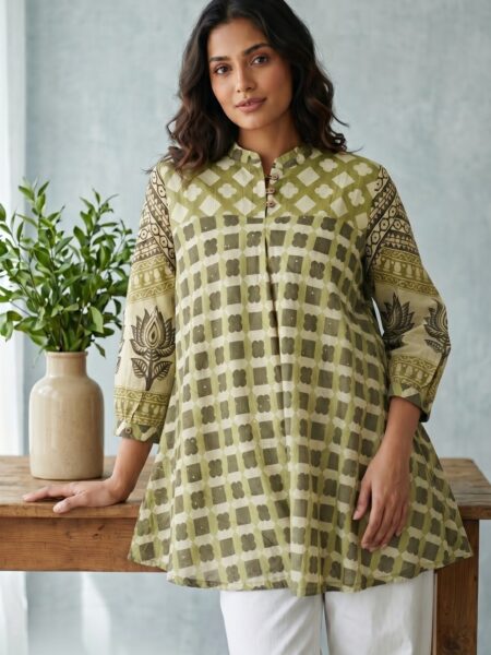 Olive Green Check Crepe Shirt