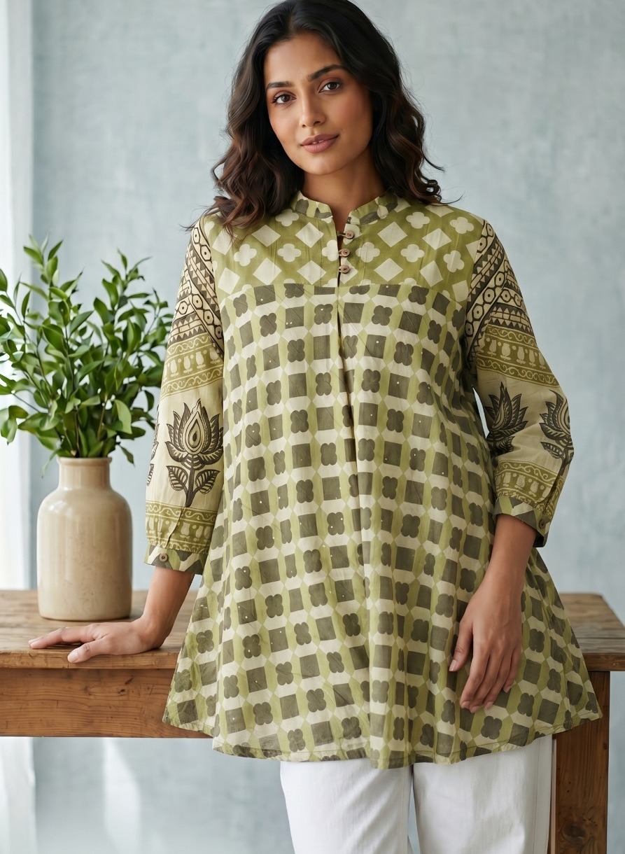 Olive Green Check Crepe Shirt