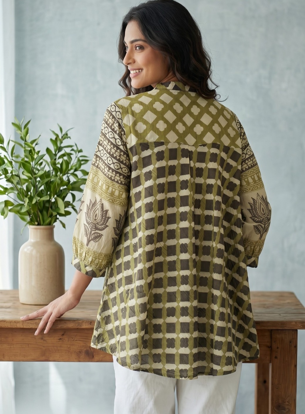 Olive Green Check Crepe Shirt - Image 4