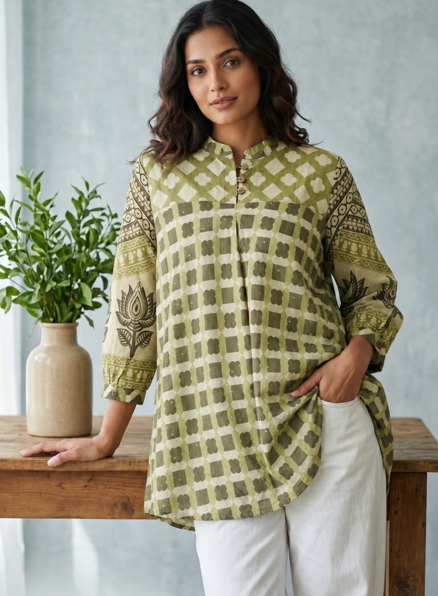Olive Green Check Crepe Shirt - Image 5