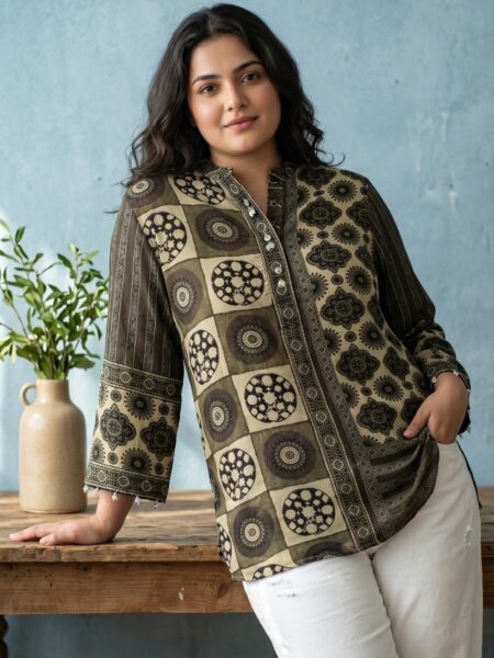 Olive Khaki Medallion Crepe Shirt