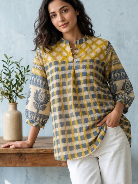 Mustard and Grey Check Crepe Shirt