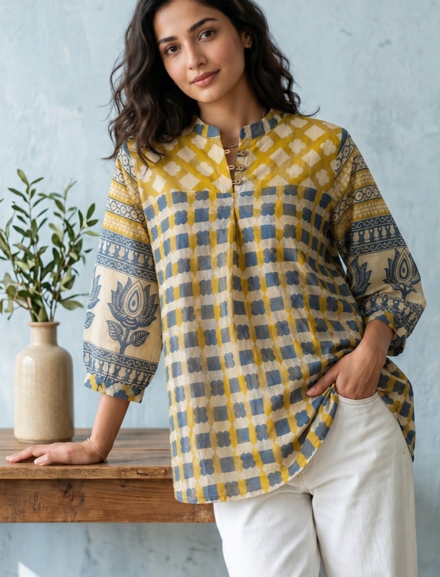 Mustard and Grey Check Crepe Shirt