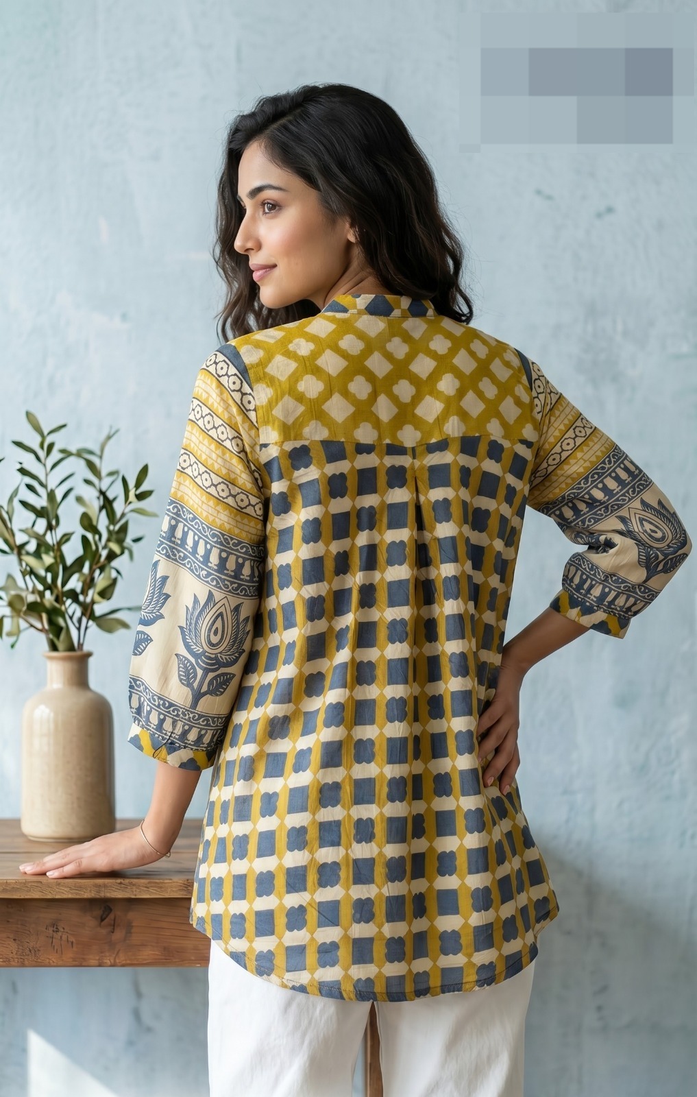 Mustard and Grey Check Crepe Shirt - Image 2