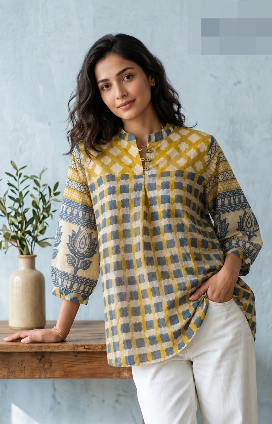Mustard and Grey Check Crepe Shirt - Image 3
