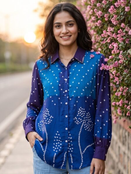 Blue Ombre Bandhani Crepe Shirt
