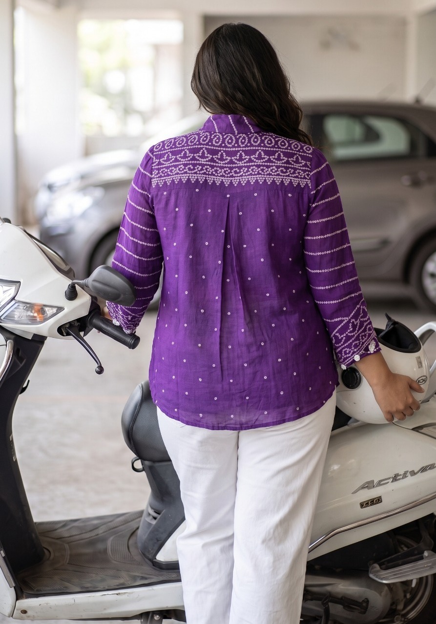 Purple Embroidered Crepe Shirt - Image 3