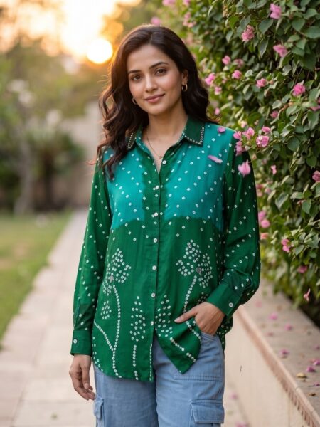 Emerald Green Bandhani Crepe Shirt