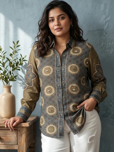 Grey and Gold Medallion Crepe Shirt